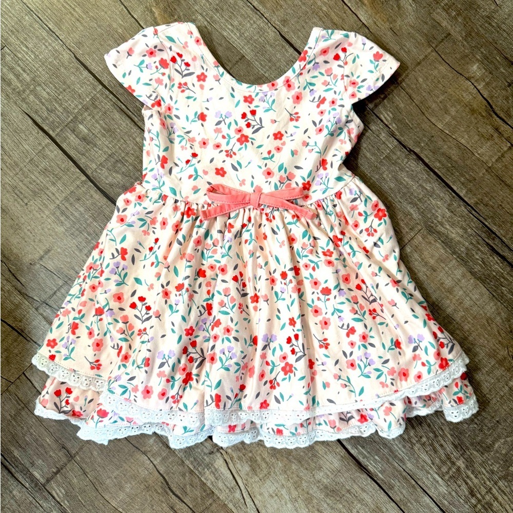 Cheeky Plum Floral Spring Dress with lace ruffle and bow‎ 12-18 month